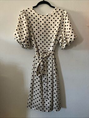 Polka Dot Puff Sleeve Midi Dress - Cream and Black Size M